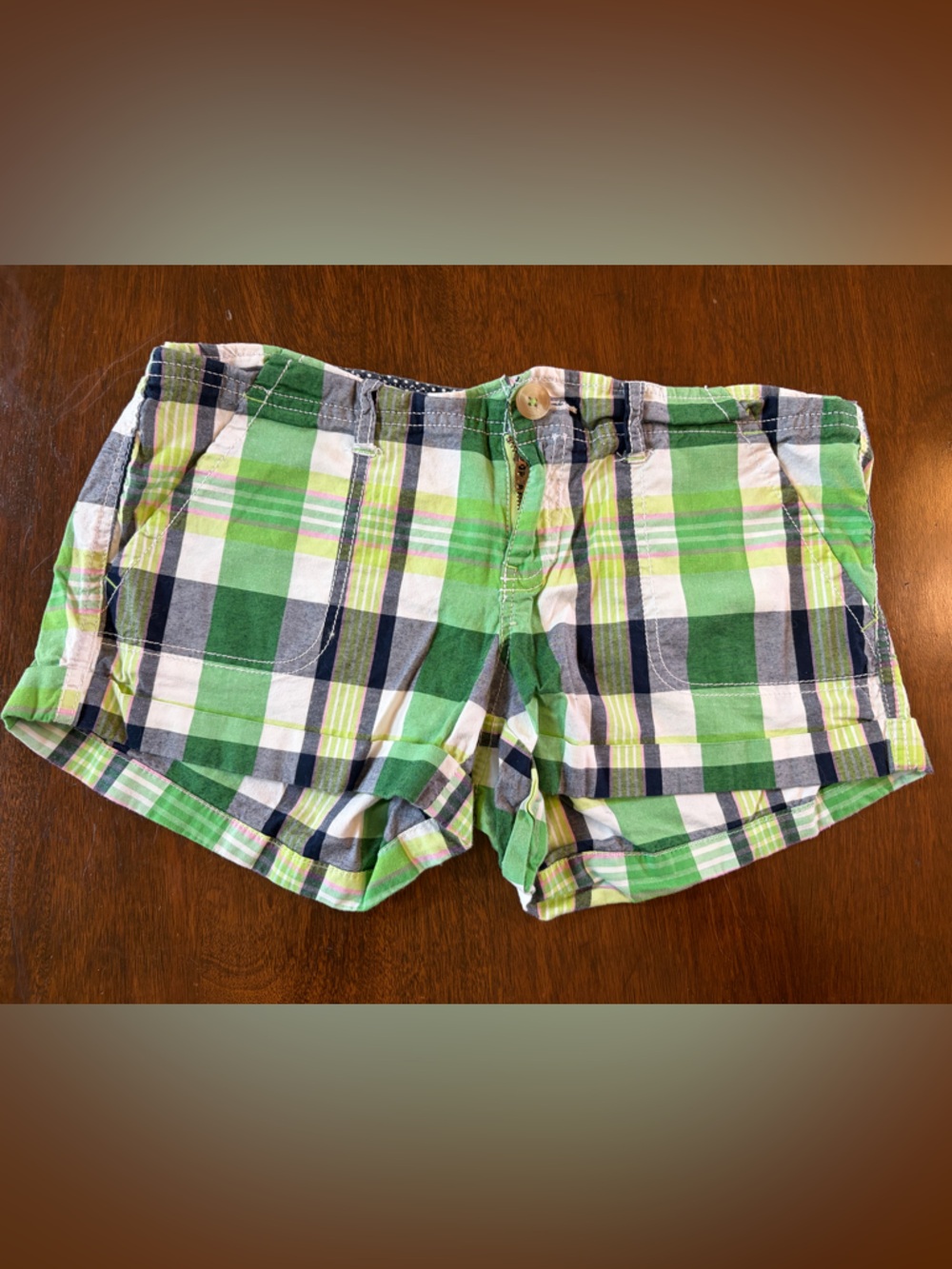 Aeropostale Y2K Green Pink Bulldog Logo Plaid Cotton Spandex Shorts w Pockets